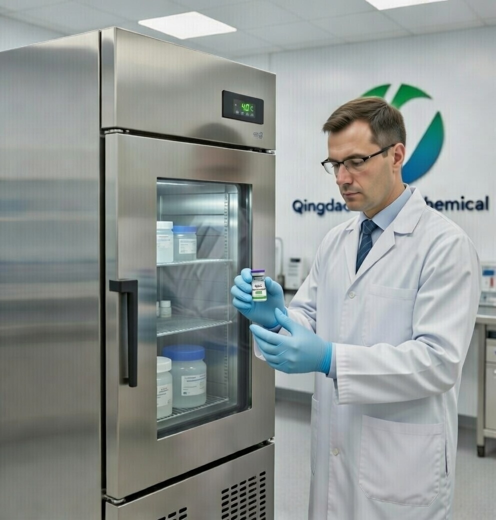 QSC researcher inspecting peptide vial